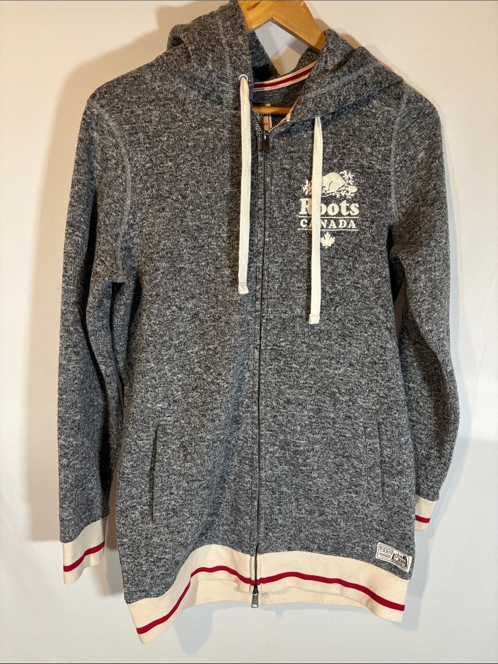Roots Cabin long line hoodie Heather Gray with Cream and Red Stripes